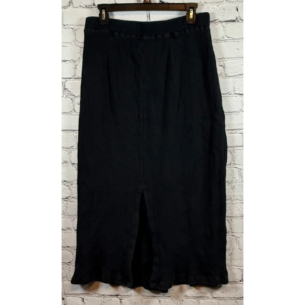 FP Beach Ribbed Knit Midi Skirt Slit Black Casual‎ Comfy L